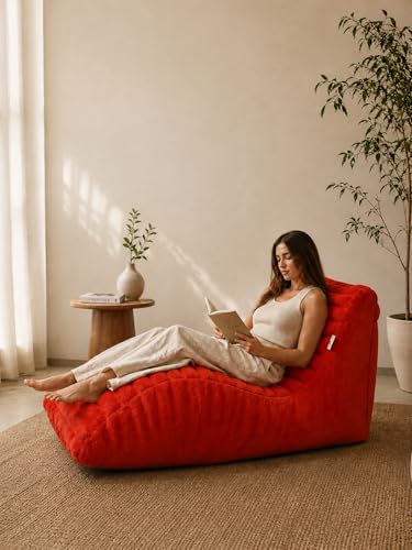 Image of Mollismoons Faux Fur Bean Bag Chair Cover for Adults & Kids | Luxury Lounger & Round Floor Sofa Seating | Modern Cozy Feel | No Beans Included (Red, Lounger)