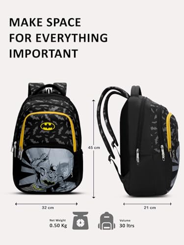 Image of Lavie Sport Batman Knight 30L Black Backpack | Organizer & Bottle Holder | Gift for Men, Women, Boys, Girls | Laptop Sleeve for School & College