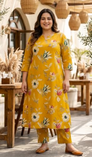 Image of CREATION & YOU Women Plus Size Cotton Printed Kurta with Pant Set | Work /Office Wear Kurta Set for Women