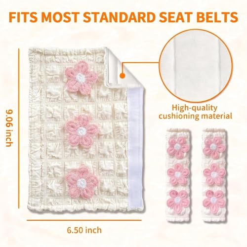 Image of Cute Pink Flower Seat Belt Cover Pads for Women Girls - Soft Plush Seatbelt Cushion, Fun Car Accessories (2, Purple Camellia)