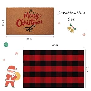 Christmas Door Mat Combo Set - 100% Coco Coir Welcome Mat + 28 x 43 Inch Red and Black Plaid Rug, New Year Holiday Christmas Collection Doormat for Front Porch Entryway Decor Christmas Door Mat Combo Set 100 Coco Coir Welcome Mat 28 x 43 Inch Red and Black Plaid Rug New Year Holiday Christmas Collection Doormat for Front Porch Entryway Decor