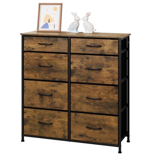 WOLTU Cómoda con 8 Cajones de Tela, Marco de Metal Estable, Diseño Vintage, para Dormitorio, Salón, Pasillo, Habitación Infantil, 86x30x89 cm, Marrón Vintage + Negro, SSK006hov