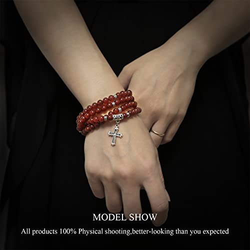Ks-Workshop 108 Beads 6Mm Wrap Bracelet For Women Handmade Stretch Long Chain Quality Natural Stone Red Agate Beaded Girls Charm Christ Pendant Semi-Precious Gemstone Perfect Birthday Gift Souvenir #TOP2