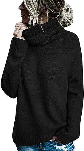 Runcati Pullover Damen Rollkragen Strickpullover Langarm Einfarbig Casual Loose Winter Warm Sweater,Schwarz,L