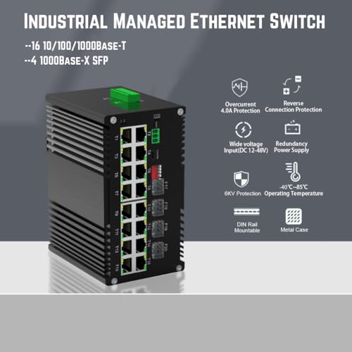 Image of Industrial Gigabit Managed Switch - 16 Ports 10 /100 /1000Mbps Web Management DIN Rail Ethernet Switch with 4 SFP Slots, Network Switch Support Ring Network, VLAN, STP, LACP, QOS