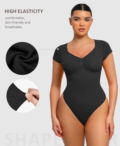 FeelinGirl Short Sleeve Bodysuit for Women V Neck Tummy Control Shapewear Seamless Thong Body Suits Tops3