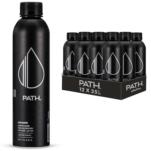 Image of PATH Alkaline Bottled Water - 9.5 pH-Balanced Purified Water with Electrolytes in Aluminum Bottle - BPA-Free, Reusable, Infinitely Recyclable - Pure, Crisp, Refreshing Taste 25 fl oz (Pack of 12)