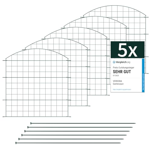 VERDOBA Teichzaun Gartenzaun Komplettset - Gartenzaun Metall 5 Zaunelemente - Steckzaun für den Garten, Gitterzaun Set Oberbogen Zaun Garten - Zaun für Hunde (5X Oberbogen, Grün - RAL 6005)