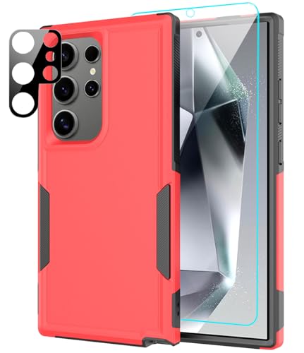 Coque Samsung S24 Ultra rigide premium rouge et noire avec verres de protection