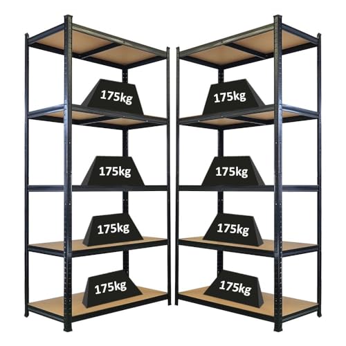 PROREGAL Mega Deal 2 étagères géantes Robustes Ragnar HxLxP 200x100x50 cm 5 Niveaux de Panneaux MDF Charge maximale 175 kg Noir