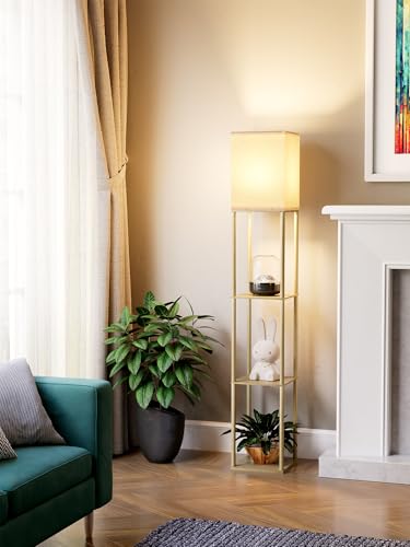 Floor Lamp with Shelves for Living Room Natural Wood, Shelf