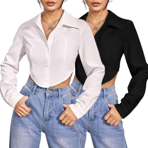 Image of GRECIILOOKS Women`s Oversized Fit Crop Top Shirt | Casual Long Sleev Stylish Collared Shirts for Womens | Comfortable Rich Korean Button Down | Formal Look Stylish Trendy Shirts