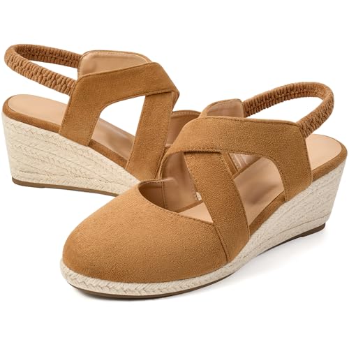 Image of HARENCE Espadrilles Wedge Sandals for Women: Comfortable Closed Toe Ankle Strap Elastic Shoes Summer Dressy Platform Heels