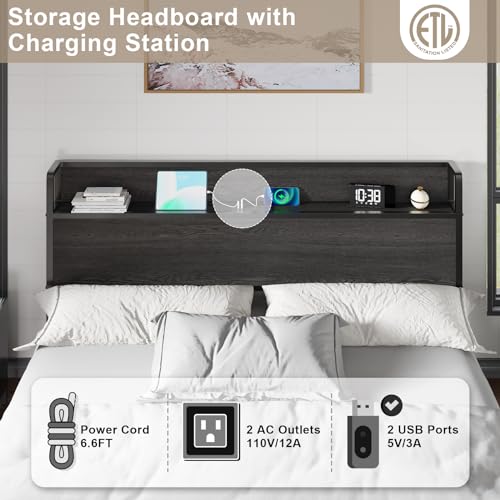 Image of AMERLIFE King Size Lift Up Storage Bed Frame, Wooden Platform Bed Frame with Lifting Storage & Charging Station, No Spring Box Needed /Noise Free, Black
