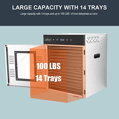 Image of NutriChef Commercial Electric Food Dehydrator Machine - 14 Shelf Extra Large Capacity - Stainless Steel Trays - 1000-Watts, Digital Timer & Temperature Control - 18.58 x 17.52 x 22.52 IN