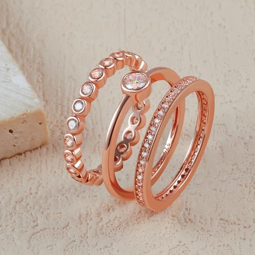 ANGELLIS 14K Gold Plated 925 Sterling Silver Stackable Rings Set Women Wedding Bands Eternity Rings Statement Rings Pave Cubic Zirconia 7