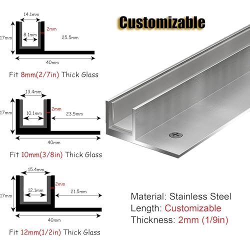 Canal de fixation porte de douche 12mm en inox avec joint de 1,9m