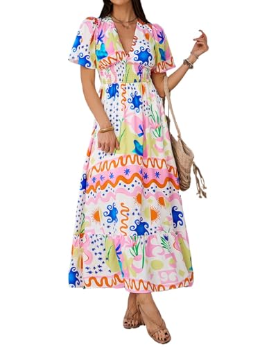 Image of Boho Floral Maxi Dress for Women 2026 Empire Waist Short Sleeve Dresses Summer Beach Vacation Wedding Guest Outfit