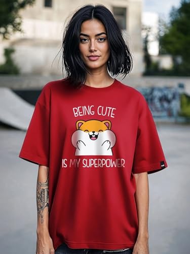 Image of Bewakoof Women's Being Cute is My Super Power Graphic Print 100% Cotton T-Shirt- Oversized Fit, Round Neck, Half Sleeve