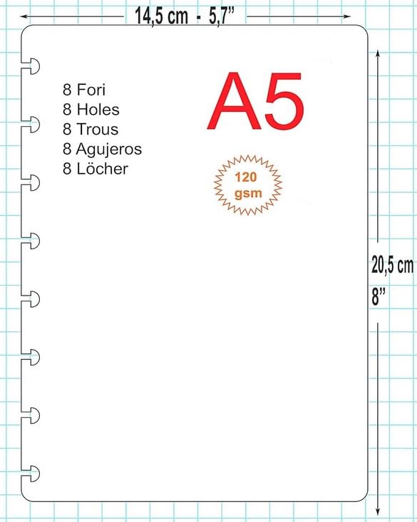 Recharge de 100 feuilles – 3 trous – A5 14,5 x 20,5 cm. Points 5 mm. Dotted Bullet Journal – DIN A5 3 trous – pour classeur avec 3 anneaux