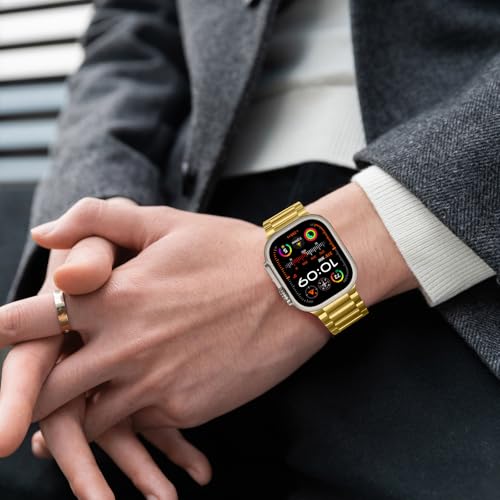 Image of Anlinser Metal Bands Compatible with Apple Watch Band 49mm 46mm 45mm 44mm 42mm for Women Men, Stainless Steel Business Strap for iWatch Ultra 3 /2 /1 SE Series 11 10 9 8 7 6-1 (Gold)