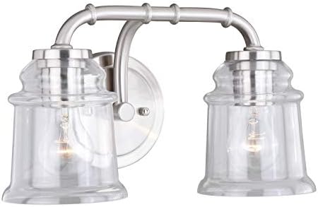 VAXCEL Toledo 2-Light 14.75 inch Wide Satin Nickel Industrial Bathroom Vanity Lighting Fixture, Clear Glass Shade, Dimmable, LED Compatible, Over The Mirror Mounted Steel Wall Sconce
