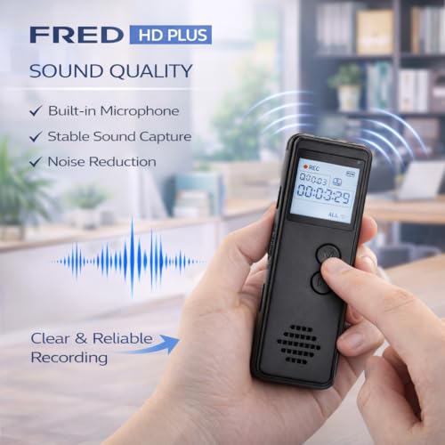 Image of FREDI HD PLUS Voice Recorder, Digital Audio Recorder for Meetings, Lectures & Students, Portable Recording Device with Mic & Speaker, 32GB TF Card, One Button, Voice Activated (VOR), USB Rechargeable