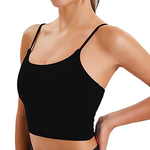 FAHZON Longline Sleeveless Sports Bra Seamless Workout Running Shirts Yoga Tank Top Camisole with Built Shelf Bra for Women Black