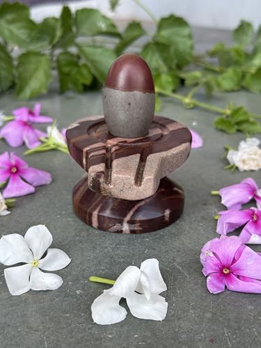 Image of Shivam VASTU AKAL 1.5 inch Original Narmadeshwar Narmada Shivling with 3 inch Narmada Stone Yoni Base Jaladhari (Mahamratunjay Shivling, Multicolor Damru Jaladhari)