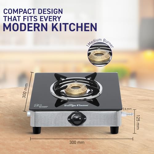 Image of Surya Flame Gas Stove Single Burner LPG GlassTop Chulha with toughened glass Atlas Brass Burner manual ignition Cooktop ISI Certified Doorstep Services 2 Years (1Burner Black)