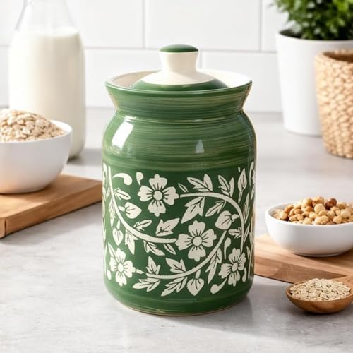 Image of Green Floral Ceramic Handglazed Pickle Jars Set of 1-1000 ML Each | 1 kg Achaar Martban Barni Jar with Lid | Ceramic Storage Jar Container Pickle, Chatney