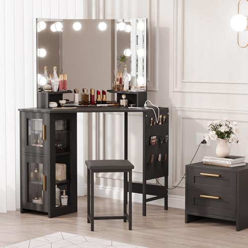 Garvee Corner Vanity Desk and Stool, Corner Makeup Vanity with Light Bulbs Mirror Charging Station and Cabinet for Bedroom, Black Bulb-pure Black
