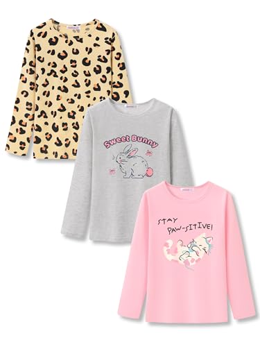 Girls Long Sleeve T-Shirt 3 Packs- Soft Tops Star Dog/Heart Shaped Balloons/Bunny Graphic Tee Size 6-14
