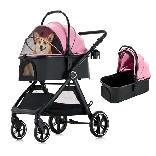 KAVELLIN Pet Stroller for Small Medium Dogs Cats Up to 50lbs Dog Stroller with Removable Carrier One Click Folding Pet Strollers All-Terrain 4 Wheels Cat Strollers Pink