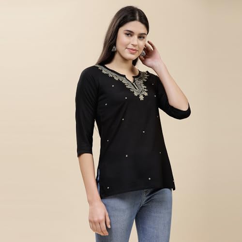 Image of QAZMI Short Kurti for Women| Embroidered Pashmina Straight Rayon Cotton Kurta | Women's Tunic Tops