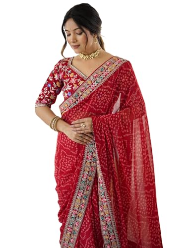 Image of SIRIL Women's Georgette Bandhani Printed Saree with Unstitched Blouse Piece