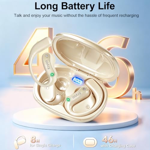 Open Ear Headphones, Over Ear Earbuds Powerful Sound with Ergonomic Earhook | 46H Bluetooth 6.0 Headphones with Clear Calls and ENC Mic, LED Digital Display, IP7, Lightweight Design for Workout,Off-White — view 6