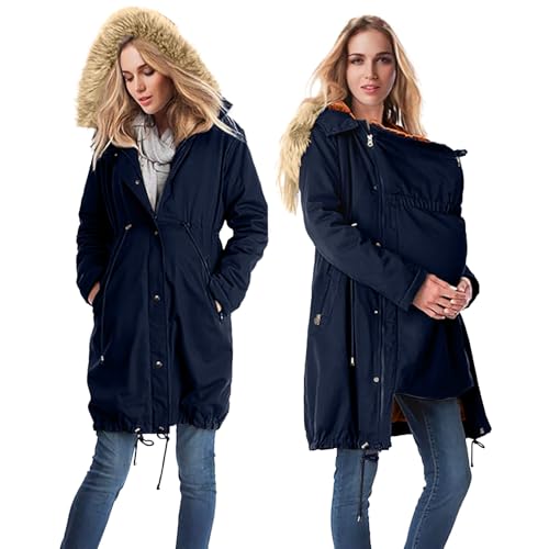 Chaqueta de maternidad con inserto para bebé, chaqueta de algodón 3 en 1, chaqueta de invierno hasta la rodilla, con cordón ajustable y cuello de piel, chaqueta de invierno cálida, chaqueta de