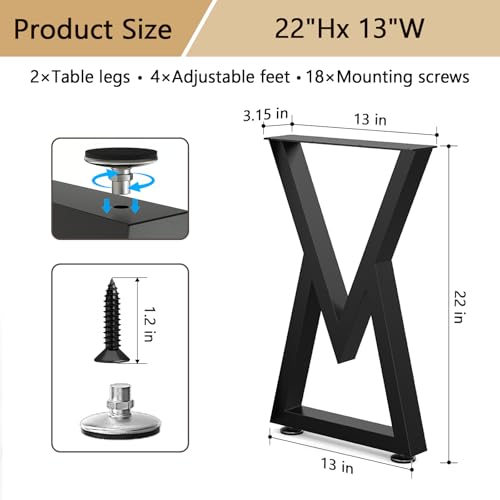 SNYXXOZ 22 Inch Coffee Table Legs Heavy Duty Metal Chair, Desk Legs, Bench Dining Furniture Feets, Bar Height Table Legs,with Adjustable Feet Pads Screws,800 LBS, Black, Set of 2,V-Type — view 3