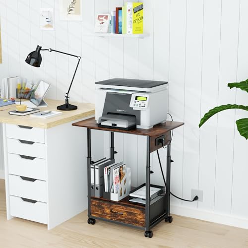 DALEMHOME Printer Stand with Charging Station, 2-Tier Height Adjustable Printer Table with Power Outlets Ports, Mobile Printer Cart with Fabric Drawer & Lockable Wheels, for Home Office, Rustic Brown