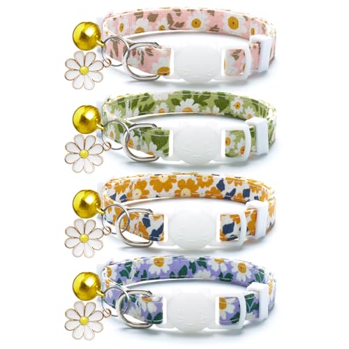 LAFAYI 4 Pack Cotton Breakaway Cat Collar with Bell & Flowers Pendant,Cute Pet Kitten Collar for Girl Boy Cats,Pet Supplies,Stuff,Accessories,Gifts