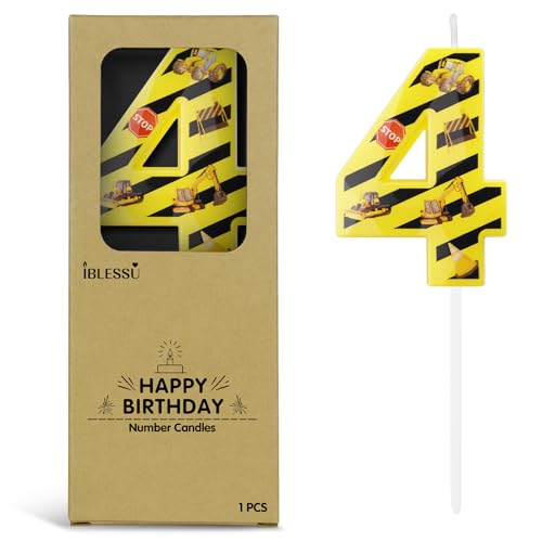 Number 4 Construction Birthday Candle, 2.68 Inch Yellow and Black Striped Candle, Birthday Candles Numbers Construction Cake Topper for Boys Girls, Construction Birthday Party Supplies Decorations