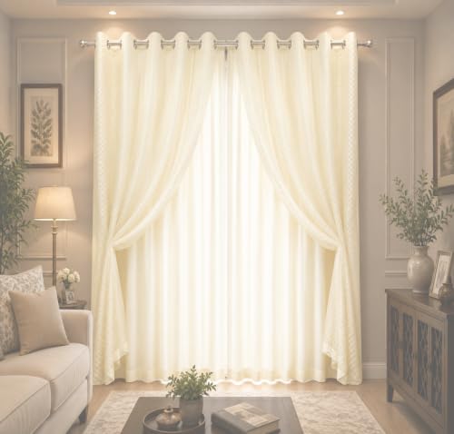 Image of Double Curtains 2 in 1 Embroidery Transparent Curtain with 80% Blackout Curtain Best for Every Interior Living Room (creem 9 L4 W feet Set 2)
