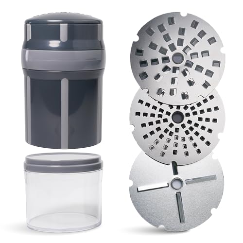 evergrate® EasyGrater Panther - Multifunktionale Küchenreibe mit Drehmechanismus, 3 Edelstahl Reibeinsätze, Auffangbehälter - Für Käse, Schokolade, Gemüse & mehr - Spülmaschinenfest, Robustes ABS