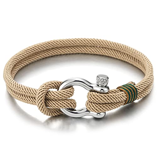 Coolsteelandbeyond MB-2989 Mens Women Steel Screw Anchor Shackles Nautical Sailor Beige Brown Rope Cord Wrap Bracelet Wristband cover