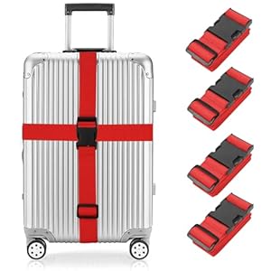 Newthinking Luggage Straps for Suitcase 4 Pack, Heavy Duty Adjustable Suitcase Bands with Buckle, Red Luggage Identifier Belts for Travel Case, 3.8x200CM