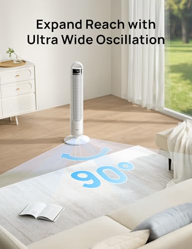 Image of DREO Tower Fan for Bedroom, 90 Oscillating Standing Fans for Room with 4 Speeds, 3 Modes, 28dB Quiet for Sleep, 26ft /s Velocity, 8H Timer, Remote, Living Room, Office, Home, White