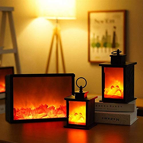 Image of Small Cozy Fireplace Lantern Traditional Realistic Log Wood Burning Flame Effect Ligh LED Charcoal Style Table LampFor Indoor & Outdoor Use