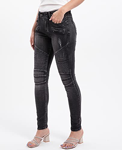 Lisskolo Women's Stretch Ripped Destroyed Denim Skinny Moto Biker Jeans Jegging Denim Pants Size 6 Black #TOP2