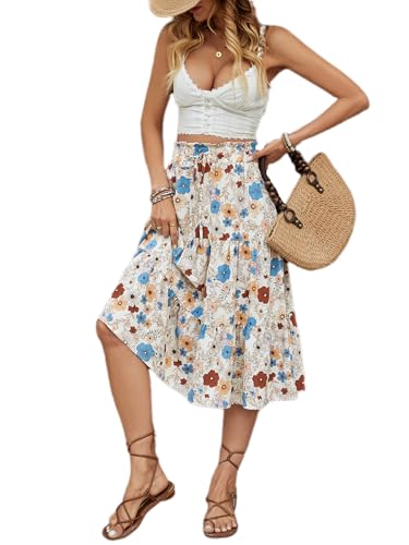 BARASA Summer Women's Midi Skirts Boho High Elastic Waist Fake Drawstring Floral Print A line Casual Cute Skirt D6264